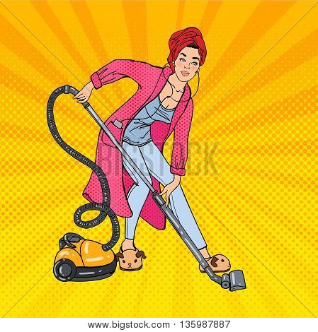 Beautiful Woman Hoovering Room and Listening Music. Housewife with Vacuum Cleaner. Pop Art. Vector illustration