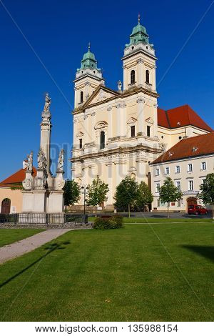 VALTICE, CZECH REPUBLIC - JUNE 22, 2016: Main square in Valtice town in Moravia, Czech Republic on June 22, 2016.