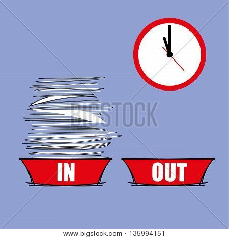 IN tray full of paperwork next to an empty OUT tray with a modern clock in the background as a metaphor for workload pressure