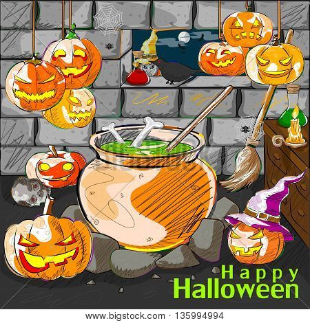 Vector design of Halloween greeting background with Jack-o-lantern pumpkin
