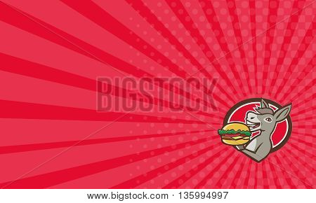 Business card showing illustration of a donkey ass mule or horse mascot serving up a hamburger burger sandwich viewed from the side set inside oval shape on isolated background done in retro style.