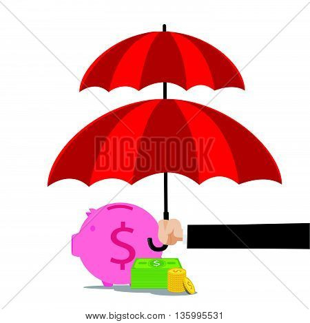Hand of business man holding the red umbrella to protect piggy bank and money vector illustration eps10