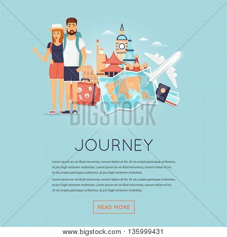 Two young tourists on vacation. Character design. World Travel. Planning summer vacations. Summer holiday. Summer travel. Tourism and vacation theme. Flat design vector illustration.