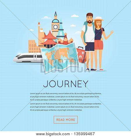Two young tourists on vacation. Character design. World Travel. Planning summer vacations. Summer holiday. Summer travel. Tourism and vacation theme. Flat design vector illustration.