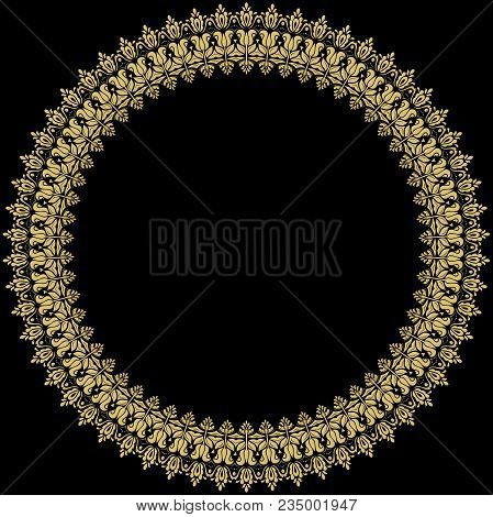 Oriental Round Golden Frame With Arabesques And Floral Elements. Floral Fine Border With Vintage Pat