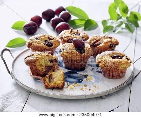 Fresh Plum Muffins Sprinkled With Icing Sugar..