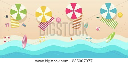 Beach, Top View With Umbrellas, Towels, Surfboards, Hats, Ball, Starfish. Sea With Waves And Recreat