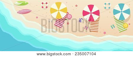 Beach, Top View With Umbrellas, Towels, Surfboards, Hats, Ball, Starfish. Sea With Waves And Recreat