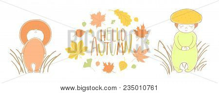 Hand Drawn Vector Illustration Of Cute Mushrooms Saffron Milk Cap And Honey Fungus In The Grass With