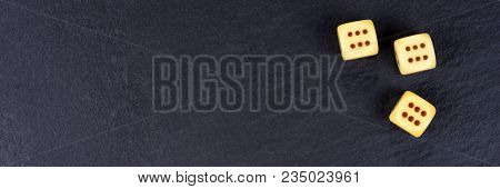 Three Dices On Black Background. Six Side Dices With Brown Dots