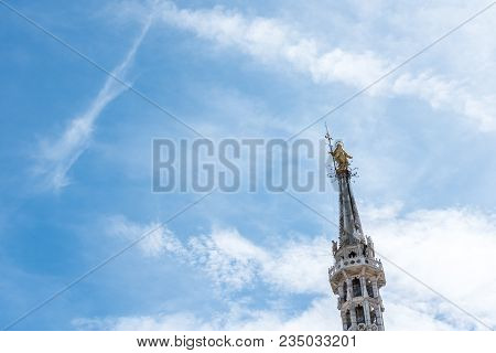 The Golden Madonnina On The Top Of Milan Duomo Or Cathedral, Italy.