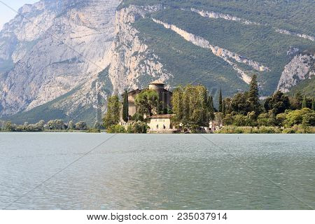 Castle Castel Toblino At Lake Lago Di Toblino And Mountain Panorama In Italy