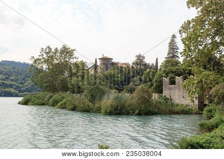 Castle Castel Toblino At Lake Lago Di Toblino And Mountain Panorama In Italy