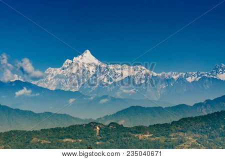 Beautiful View Of Kanchenjunga Mountain Range With First Daylight On It, At The Background, Moring L