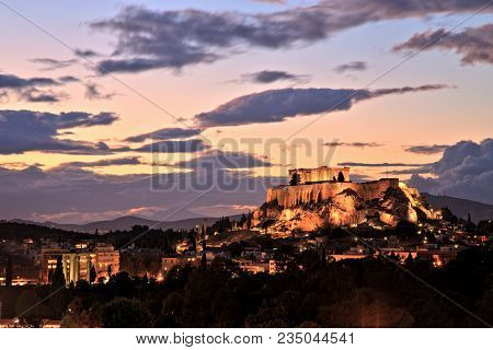 Illuminated Acropolis In Athens, Greece At Dusk
