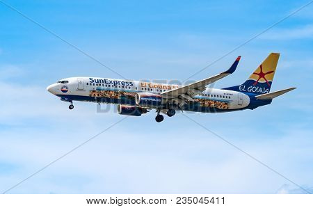 AIRPORT FRANKFURT,GERMANY: JUNE 23, 2017: Boeing 737 SunExpress is a Turkish airline. It operates scheduled and chartered passenger flights to various destinations in Europe