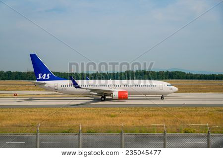 AIRPORT FRANKFURT,GERMANY: JUNE 23, 2017: Airbus A320neo Scandinavian Airlines is the flag carrier of Sweden, Norway and Denmark, which together form mainland Scandinavia.