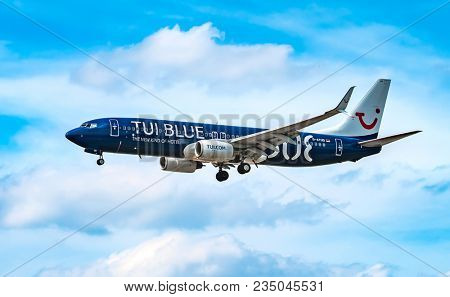 AIRPORT FRANKFURT,GERMANY: JUNE 23, 2017: Boeing 737 TUI fly Deutschland form is a German leisure airline owned . TUI fly Deutschland is part of the TUI Airlines alliance.
