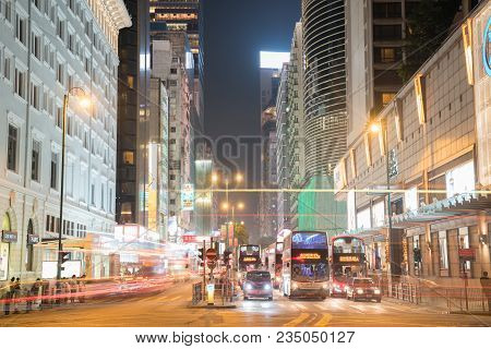 Kowloon Hong Kong, September 20, 2017;light Trails From Passing Vehilce And Buses At Nathan Nas Sali