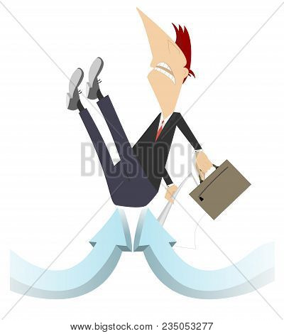 Businessman, Arrow Sins Concept Illustration. Businessman With Bag And Papers Is Picked Up By Arrow 