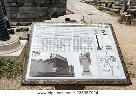 Delphi, Greece - September 21, 2017: Signpost For Tourists About The Altar Of Chiots Area Which Is L