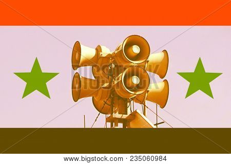 Syrian Flag. Loudspeaker On The Street. The Siren Of Air Alarm. Toning