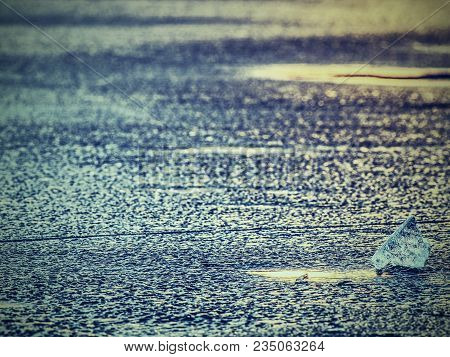 Ice Shard And Small Cracked Ice Pieces On Melring Glacier. Icy Fragments Are Melting On Flow Ice And