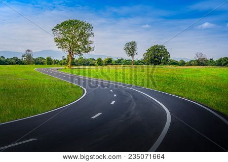 Empty Curved Road On Green Grass With Tree