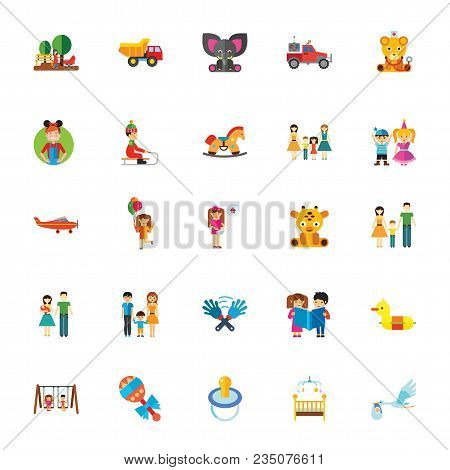 Icon Set Of Childhood Symbols. Family, Toys, Childcare. Children Concept. For Topics Like Parenthood
