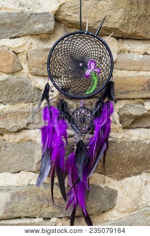 Dream Catcher With Feathers Threads And Beads Rope Hanging. Dreamcatcher Handmade