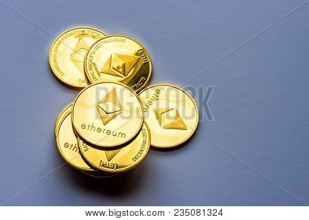 Golden Bitcoin Coins On A Dark Background With Euro Coins. Virtual Currency. Crypto Currency. New Vi