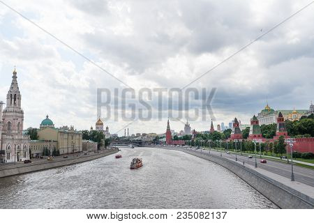 View Of The Kremlin Embankment On A Cloudy Day, Moscow, Russia