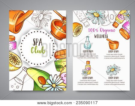 Spa Club Broshure Hand Drawn Cosmetics And Aromatherapy Elements. Cartoon Sketch Of Natural Cosmetic