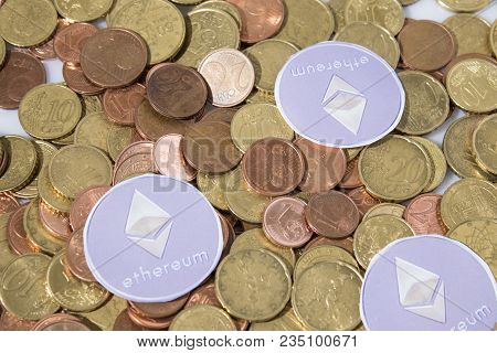 Cryptocurrency Euro Coins And Etherum In A Composition