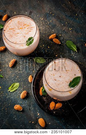 Traditional Indian Beverage, Holi Festival Food, Thandai Sardai Milk Drink With Nuts, Spices, Mint. 
