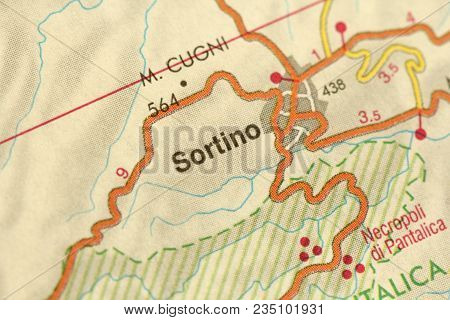 Sortino. Map. The Islands Of Sicily, Italy.