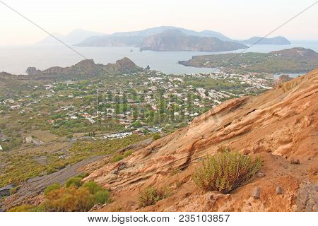 View Of The Vulcanello Peninsula. The Islands Of Lipari, Italy.