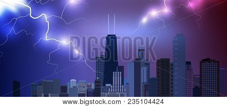 Chicago Downtown Business And Finance Area Background With Skyscrapers On Storm Background With Ligh