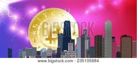 Chicago Downtown Business And Finance Area Background With Skyscrapers And Bitcoin On Storm Backgrou