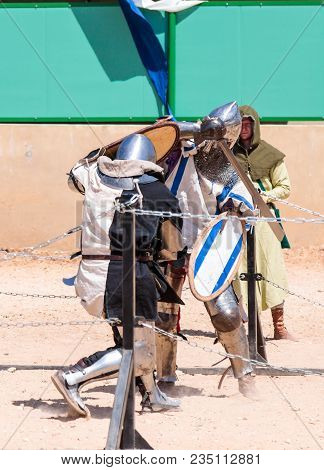 Goren, Israel, April 06, 2018 : Two Knights - Participants In The Knight Festival Are Fighting On Th