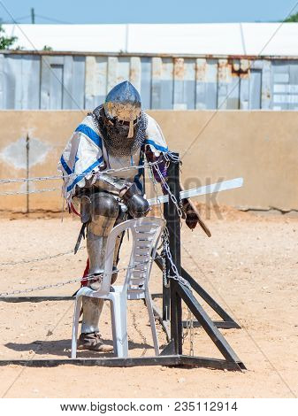 Goren, Israel, April 06, 2018 : Knight - A Participant In The Knight Festival, Resting In The Corner
