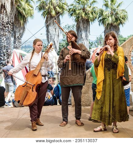 Goren, Israel, April 06, 2018 : Musicians Play Musical Instruments For Guests Of Knight Festival In 