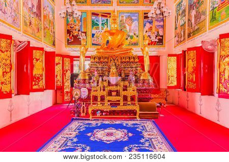 Phuket, Thailand - April 4, 2018: Buddha Statue In Thai Buddist Church (landscape View), Naka Temple