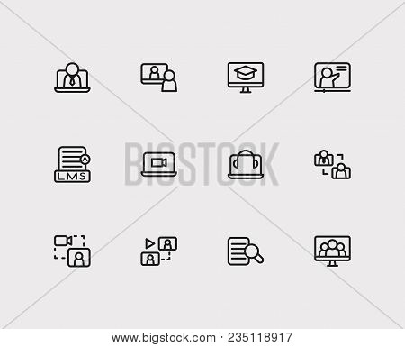 Webinar Icons Set. Webinar Online And Webinar Icons With Video Interview, Research And Online Course