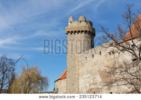 The Gothic Tower Rumpal And A Medieval Castle In Strakonice City At Spring Time. Czech Republic. A M