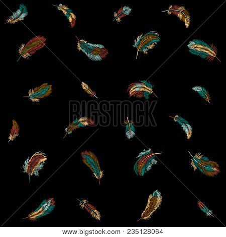 Colorful Feathers Embroidery Seamless Pattern. Boho Tribal Clothes Indian Bird Classic Embroidered B
