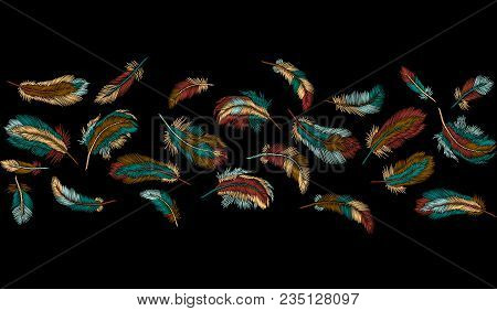 Colorful Feathers Embroidery Seamless Border Stripe. Boho Tribal Clothes Indian Bird Classic Embroid
