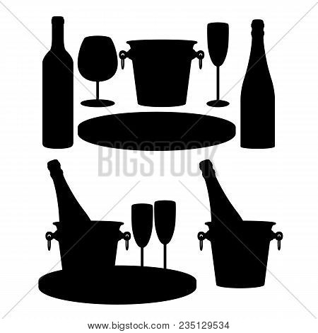 Wine Set: Glasses For Champagne, A Bottle Of Champagne, A Bottle Of Wine, A Tray, An Ice Bucket. Des