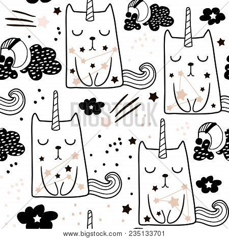 Seamless Childish Pattern With Cute Fairy Cat Unicorn. Creative Blackand White Kids Texture For Fabr