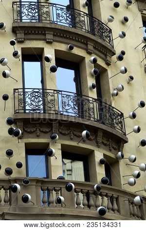 Beautifully Decorated Light Wall Of The Building. Background . Texture